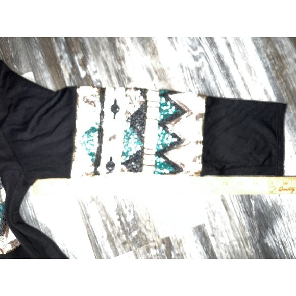 Black Long Sleeve Top with Aztec Sequence Design Lilypad Size S (Plus Size) - Picture 8 of 9